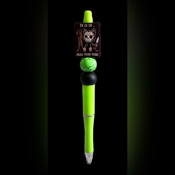 Friday the 13th Kitty Cat Custom Beaded Ink Pen Lime Green - Picture 2 of 6